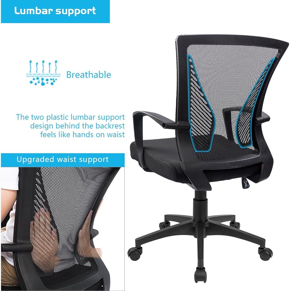 Furmax Office Chair Ergonomic Computer Desk Mesh Chair Mid Back Swivel Lumbar Support with Armrest (1, Black)