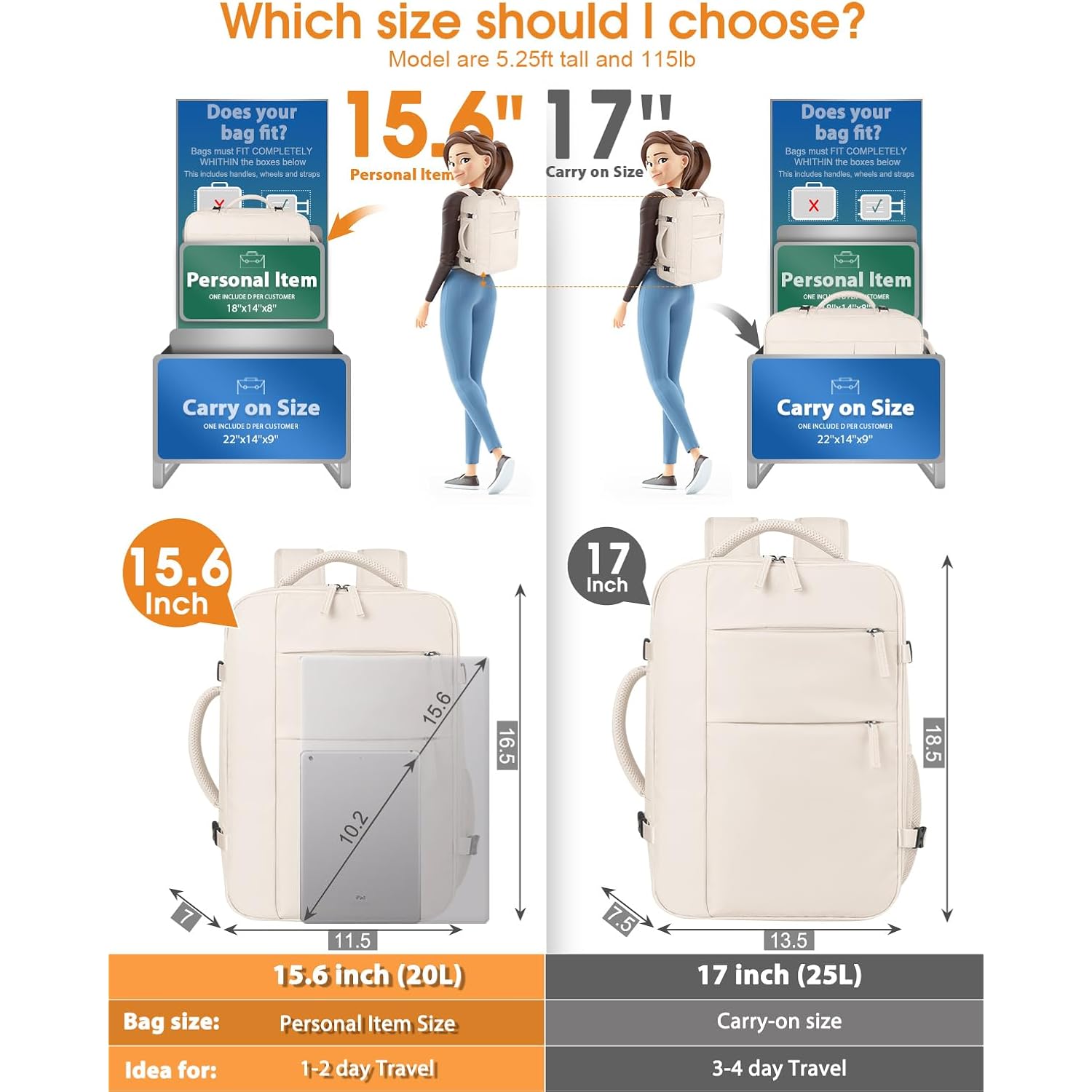 Travel Backpack For Women Men Waterproof Laptop Backpack Airlines Approved Carry On Backpack Bag Computer Bookbag For Business, Work, Traveling Fits 15.6 Inch Laptop(Beige)