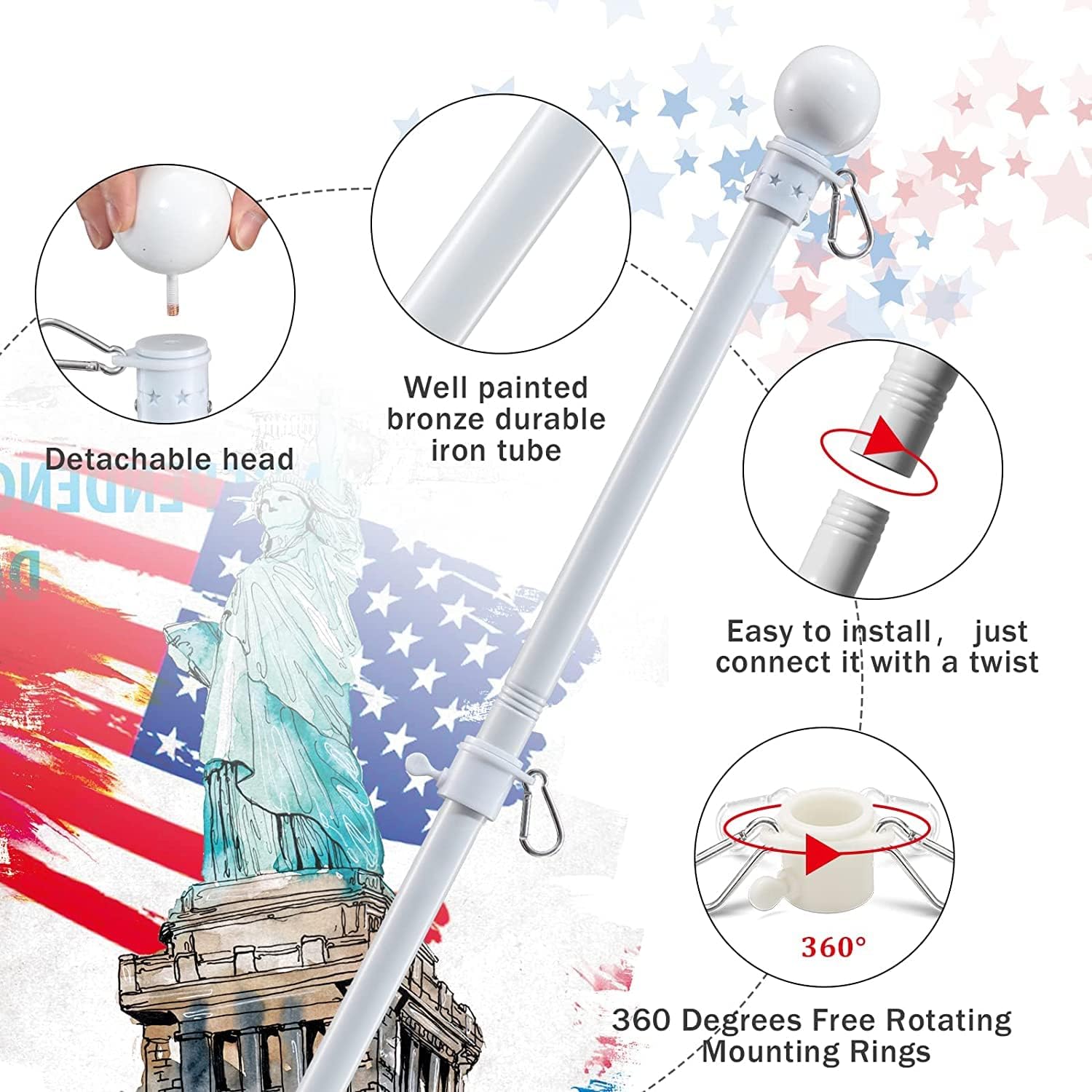 Flag Pole For Outside House - 5Ft Heavy Duty Metal Flagpole Kit,Tangle Free, 2 Angle Mount For Grommet Flags,Banner,Garden Flag, For Outdoor Porch,Yard,Garage,Patio Balcony Use