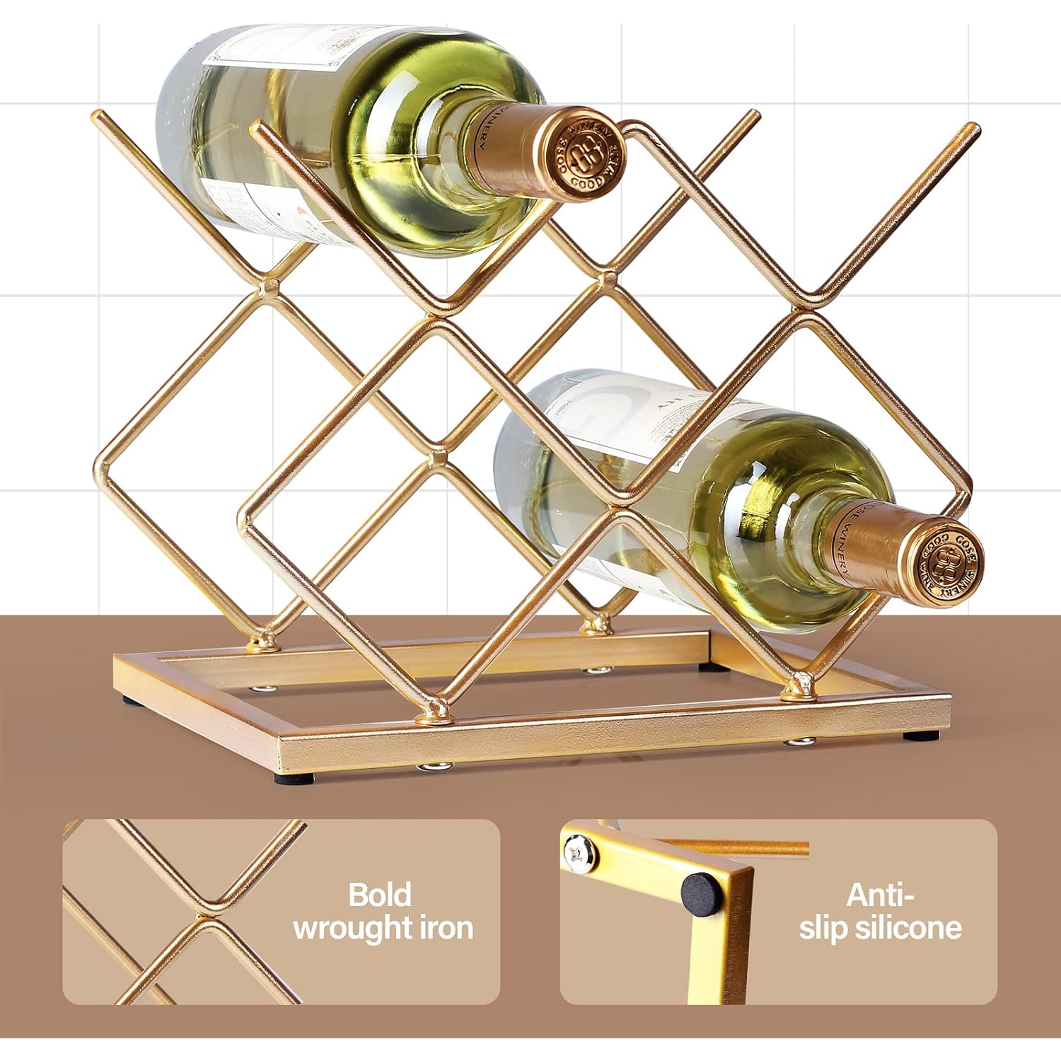 Countertop Wine Rack - 5 Bottle Freestanding Modern Gold Metal Small Wine Rack - Tabletop Wine Holder Stand For Cabinet, Pantry, Wine Bottle Storage…