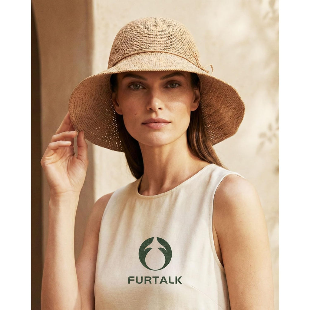 FURTALK Beach Sun Hat for Women Foldable Packable Handmade Straw Hats Sun Protection Floppy Travel Essentials