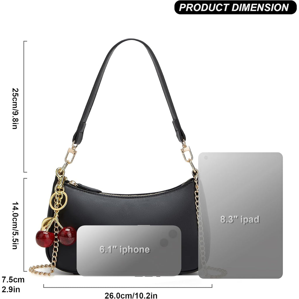 Black Shoulder Bag for Women Cute Hobo Cherry Purse Retro Clutch Underarm Handbag with Removable Straps