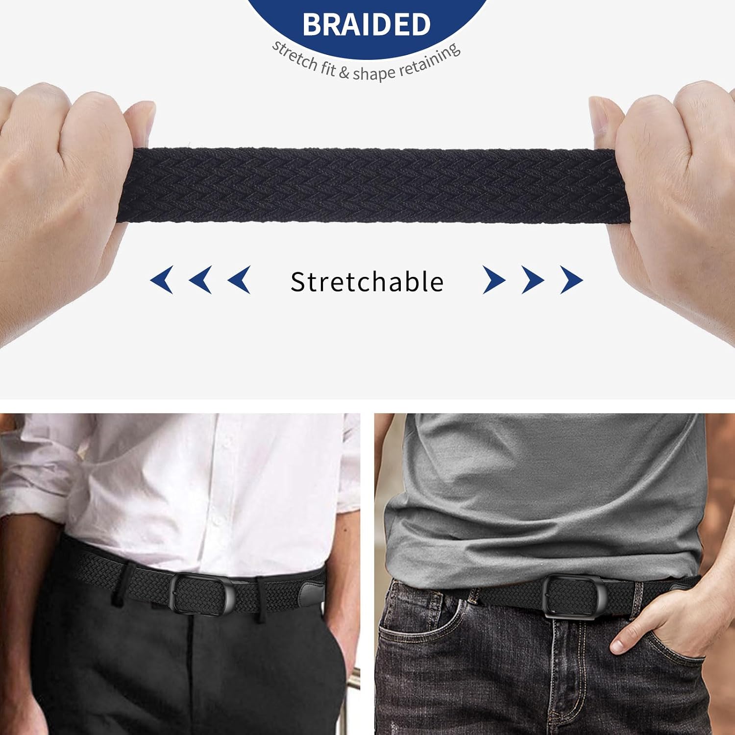 Mens Belts Stretchable Big And Tall Belts For Men Elastic Stretch Belt Black 1.26"