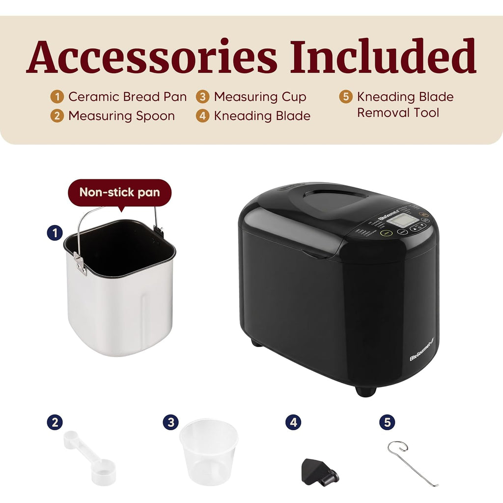 Elite Gourmet Programmable Bread Maker, 2 lb Loaf, 3 Sizes, 19 Presets incl. Gluten-Free, Dough & Jam, Delay Timer, Black