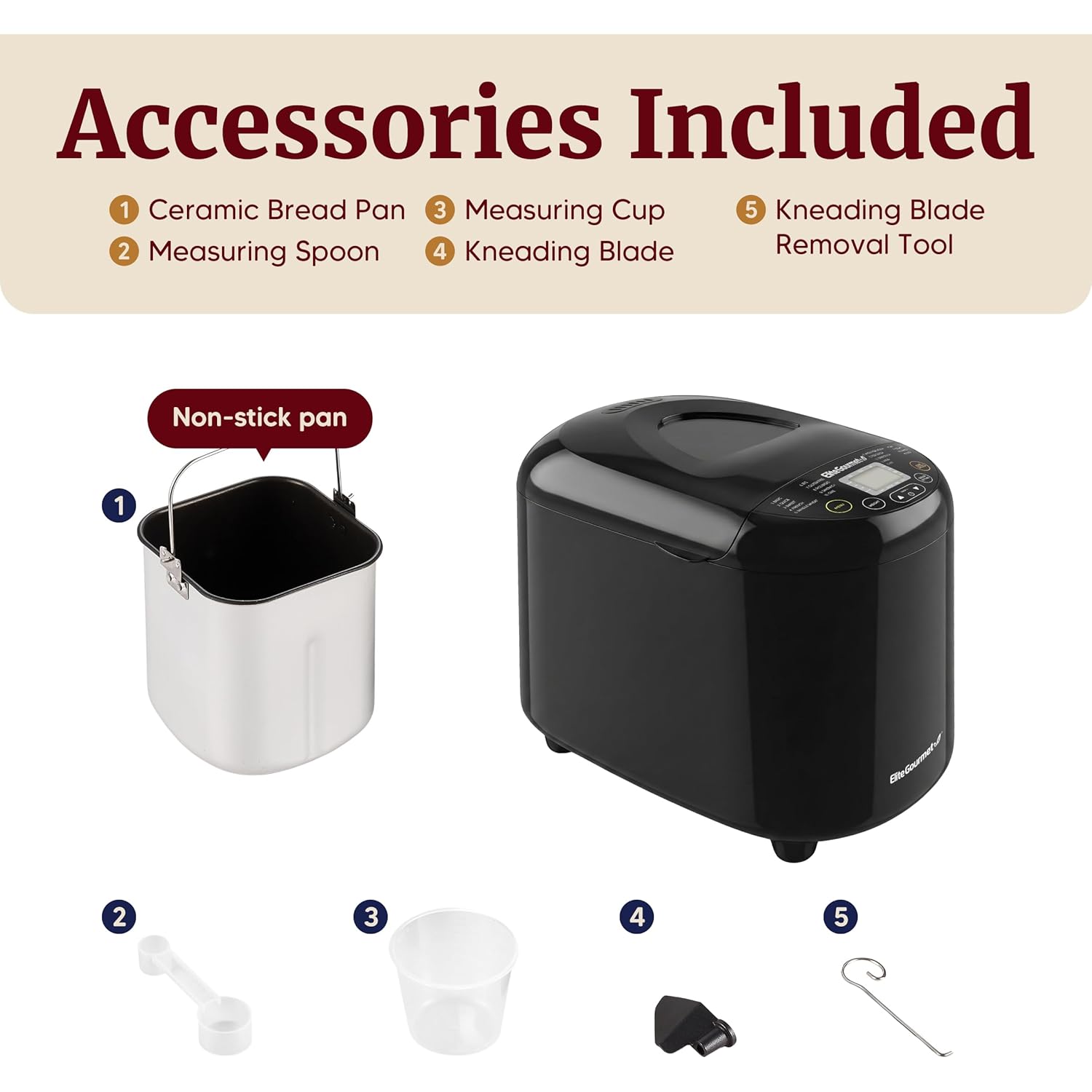 Elite Gourmet Programmable Bread Maker, 2 lb Loaf, 3 Sizes, 19 Presets incl. Gluten-Free, Dough & Jam, Delay Timer, Black