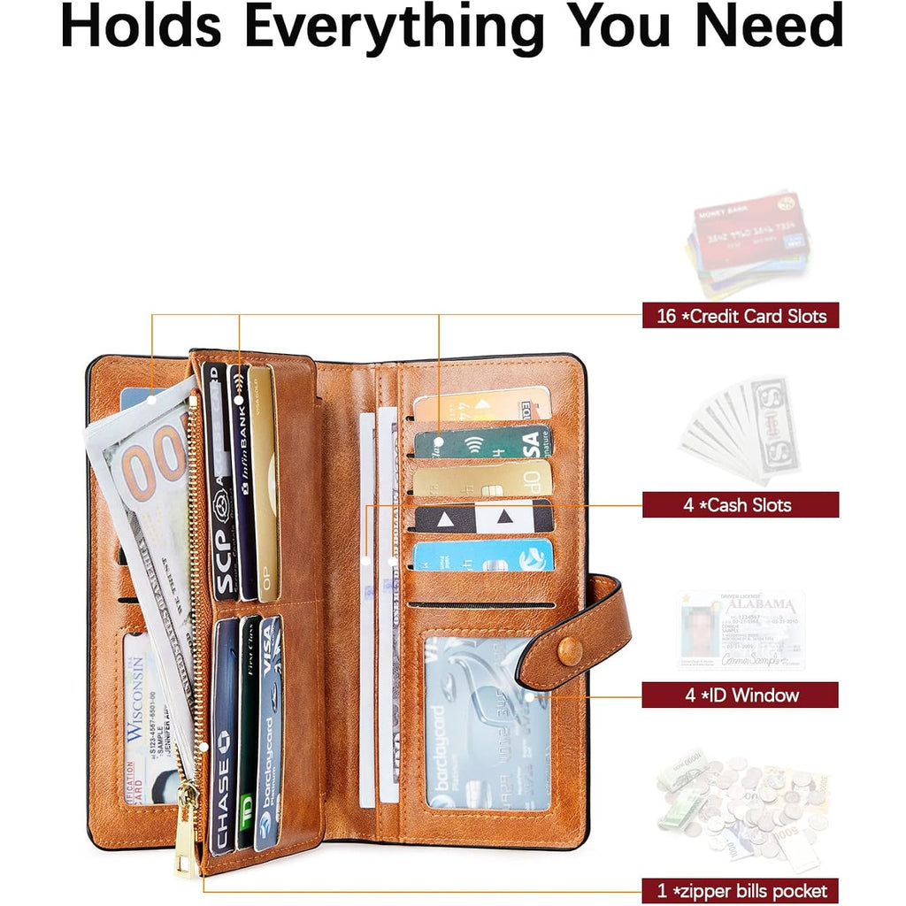 BOSTANTEN Leather Wallets RFID Blocking Large Capacity Trifold Card Holder Ladies Phone Clutch Brown