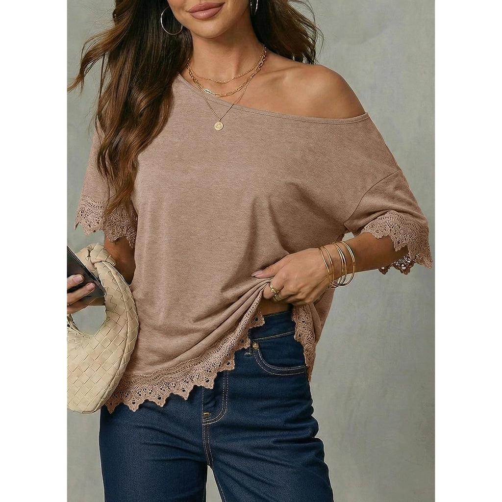 Dokotoo Womens Summer Tops 2026 Oversized Short Sleeve Shirts Casual Loose Lace Patchwork Tshirt Fashion Outfits
