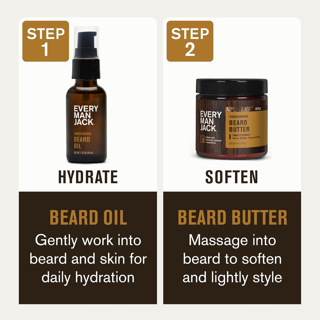 Every Man Jack Beard Oil & Scruff Softening Butter Bundle - Sandalwood Fragrance - Rejuvenates, Hydrates & Styles Dry Beards - Naturally Derived with Cocoa Butter and Shea Butter