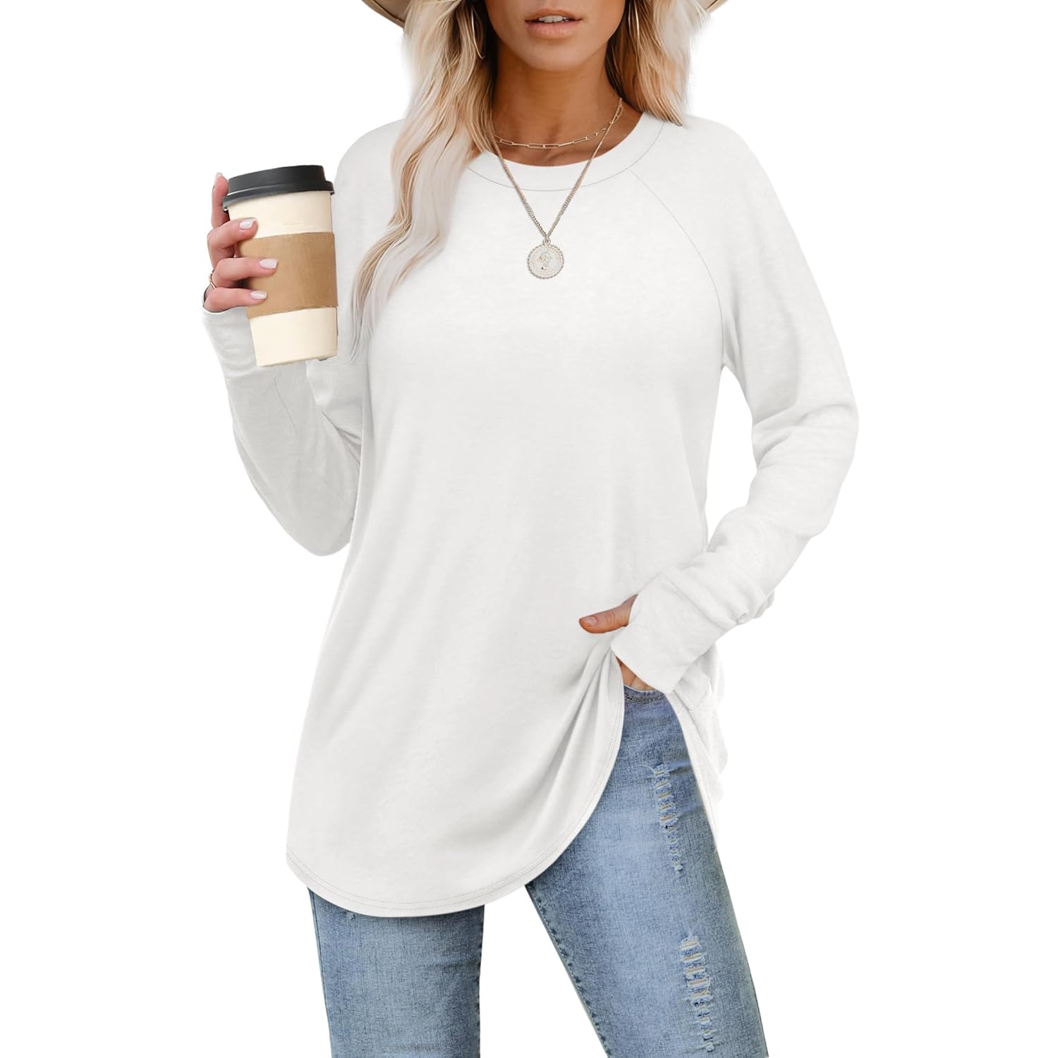Xieerduo Womens Tunic Tops To Wear With Leggings Long Sleeve Thumb Hole Shirts Crew Neck Curved Hem