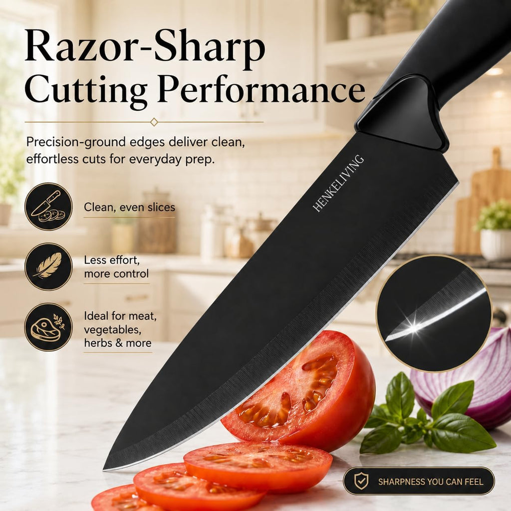 Knife Set, 14-Piece Black Dishwasher Safe Kitchen Knife Block Set with Built-In Sharpener, German High Carbon Stainless Steel Blades, Ultra Sharp Knives with Ergonomic Non-Slip Handles