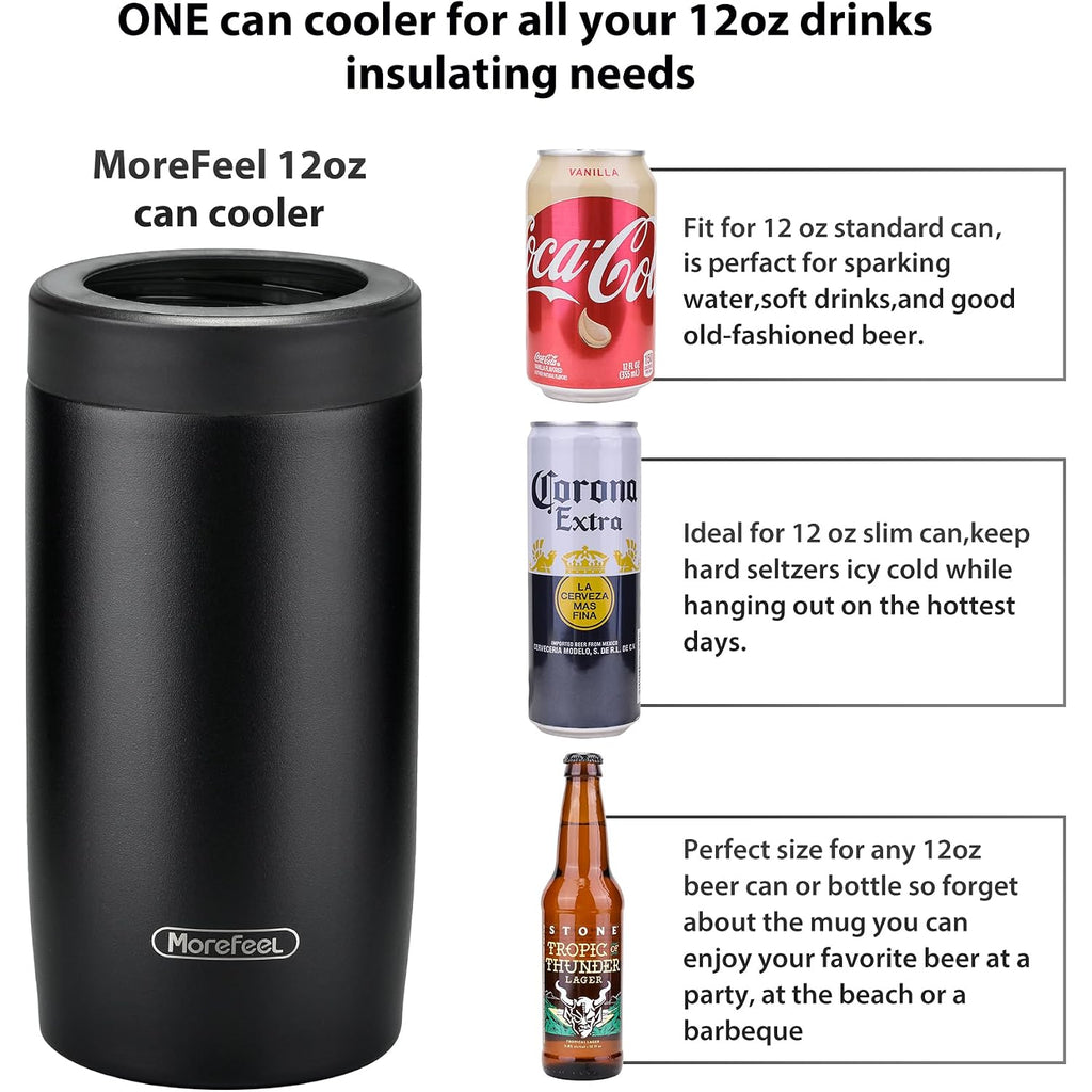 Morefeel 4-In-1 Insulated Can Cooler For 12 Oz Cans & Bottles | 304 Stainless Steel Can Holder Fits 12 Oz Slim Cans, Standard Cans, Beer Bottles & Works As A Open Cup; Dishwasher Safe