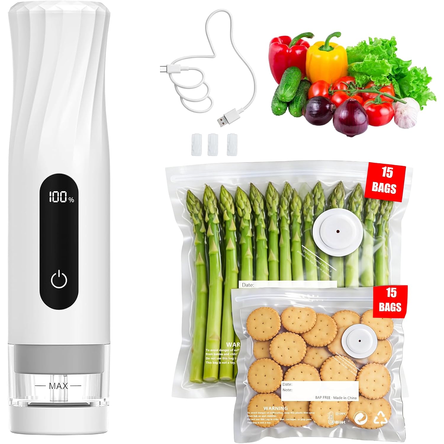Compact Vacuum Sealer For Food Storage: Portable Handheld Food Sealer, 80Kpa Suction, 1800Mah Battery, 30 Reusable Vacuum Bags, Preserve 5X Freshness With Easy Operation