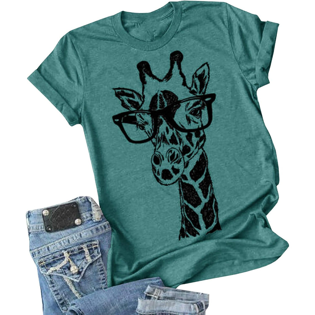 Womens Giraffe T Shirt Summer Funny Graphic Short Sleeve Crewneck Tees Casual Shirt Tops 1-lake Blue
