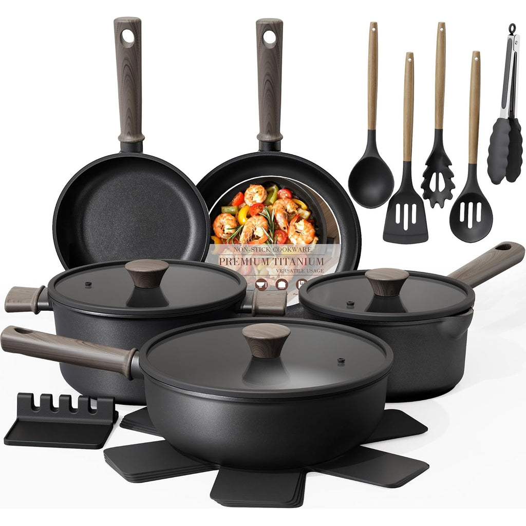 Astercook 19 Pcs Pots and Pans Set Non Stick, Black Titanium Induction Kitchen Cookware Sets, Non toxic Healthy Kitchen Cooking Set with Frying Pans Set, PFAS PTFE PFOA PFOS Free, Mothers Day Gifts