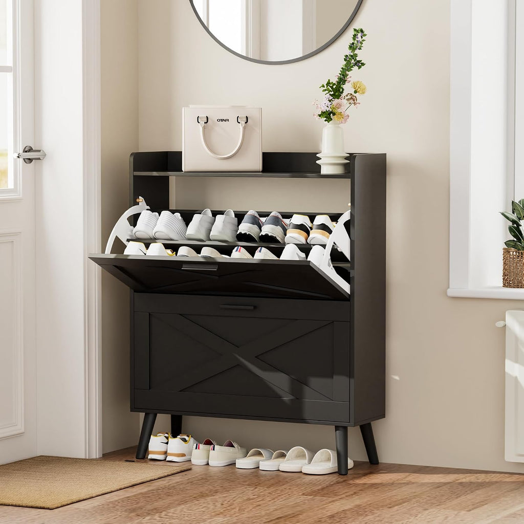 Farmhouse Shoe Storage Cabinet With Flip Drawers & Barn Door Design | Slim Narrow Shoe Rack Cabinet With Adjustable Shelves & Hidden Storage For Entryway, Foyer, Hallway, Living Room, Black