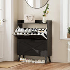 Farmhouse Shoe Storage Cabinet With Flip Drawers & Barn Door Design | Slim Narrow Shoe Rack Cabinet With Adjustable Shelves & Hidden Storage For Entryway, Foyer, Hallway, Living Room, Black