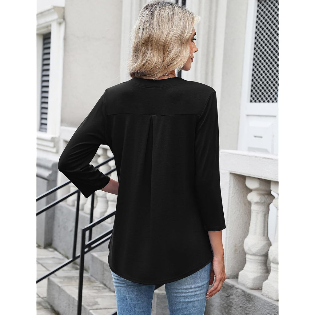 LOMON 3/4 Length Sleeve Womens Tops Business Casual Zip Front V Neck Shirt Loose Fit Work Tunic Blouse