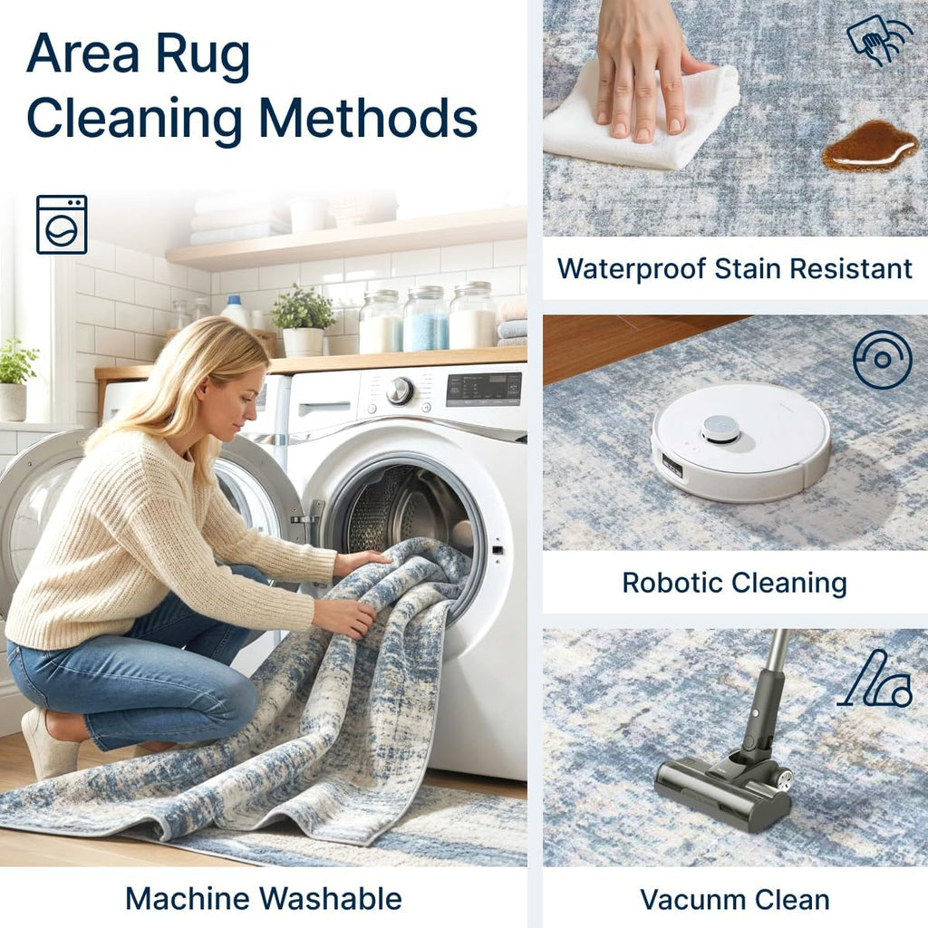 8X10 Area Rugs Washable Living Room Rug-No Slip Soft Carpets Modern Abstract Coastal Beach Indoor Floor Stain Resistant Large Carpet For Bedroom Dining Room Farmhouse Nursery Home Office Blue