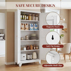 71" Metal Kitchen Pantry Cabinet With Dual Handles & Adjustable Legs, Freestanding Storage Cabinet With Doors And 4 Adjustable Shelves, Tall Food Pantry For Kitchen Dining Room, White