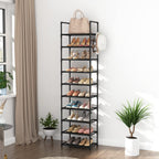 10 Tiers Tall Shoe Rack 20-25 Pairs Boots Organizer Storage Sturdy Narrow Shoe Shelf For Entryway, Closets With Hooks, Black