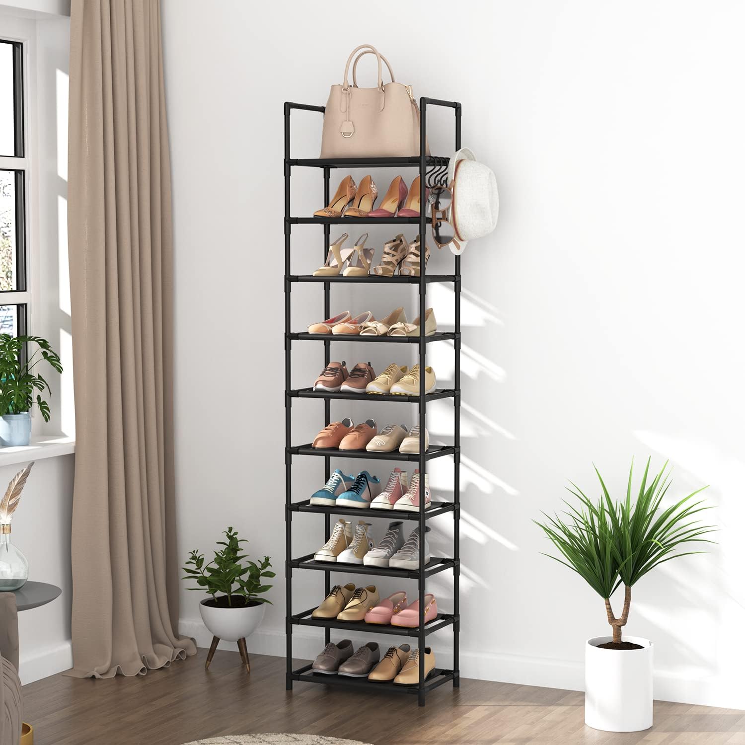 10 Tiers Tall Shoe Rack 20-25 Pairs Boots Organizer Storage Sturdy Narrow Shoe Shelf For Entryway, Closets With Hooks, Black