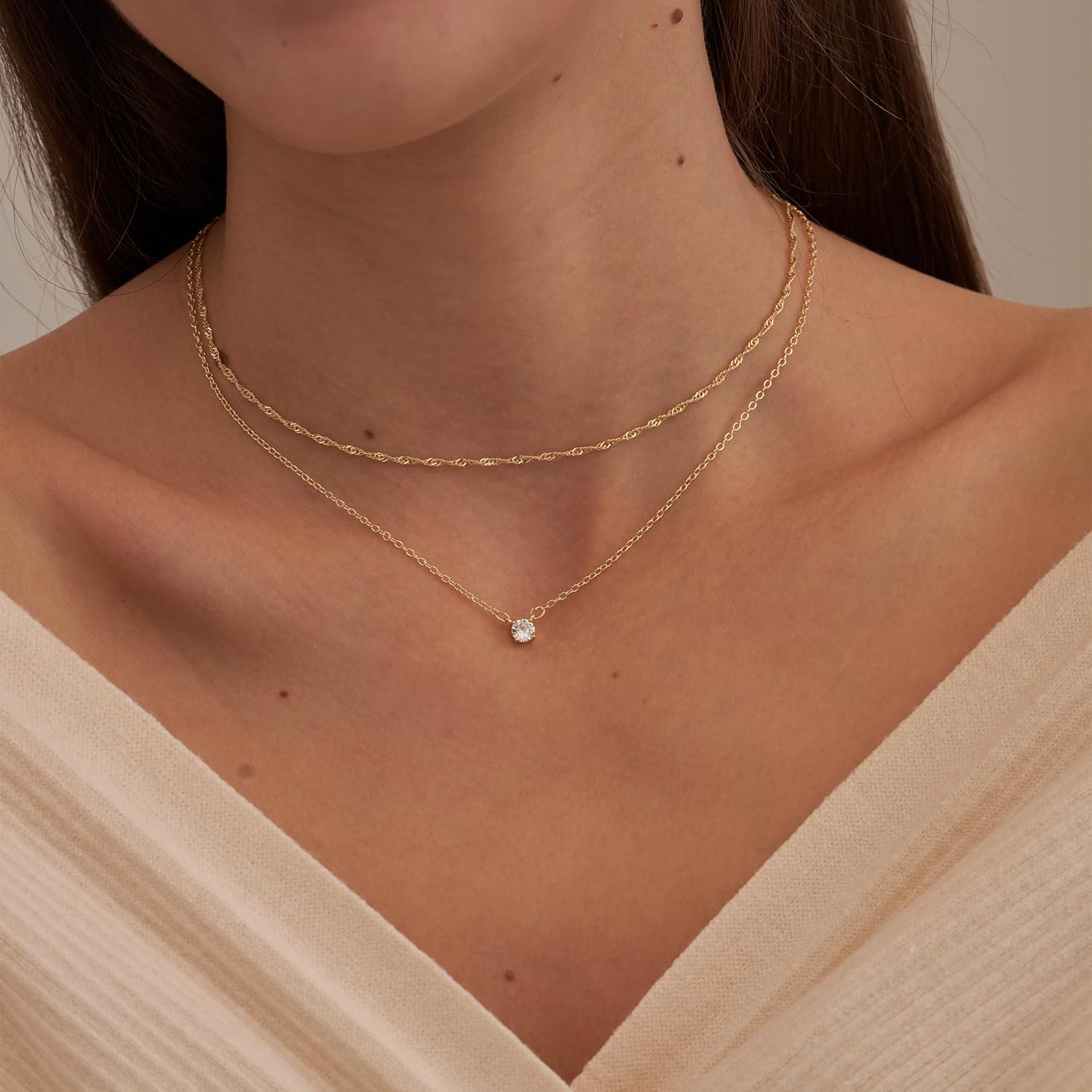 NECOCY Layered Gold Necklaces for Women, Dainty Layered Necklace 14k Gold Plated/Silver Cubic Zirconia Necklace Stack, Simple CZ Jewelry Trendy Gifts for Women