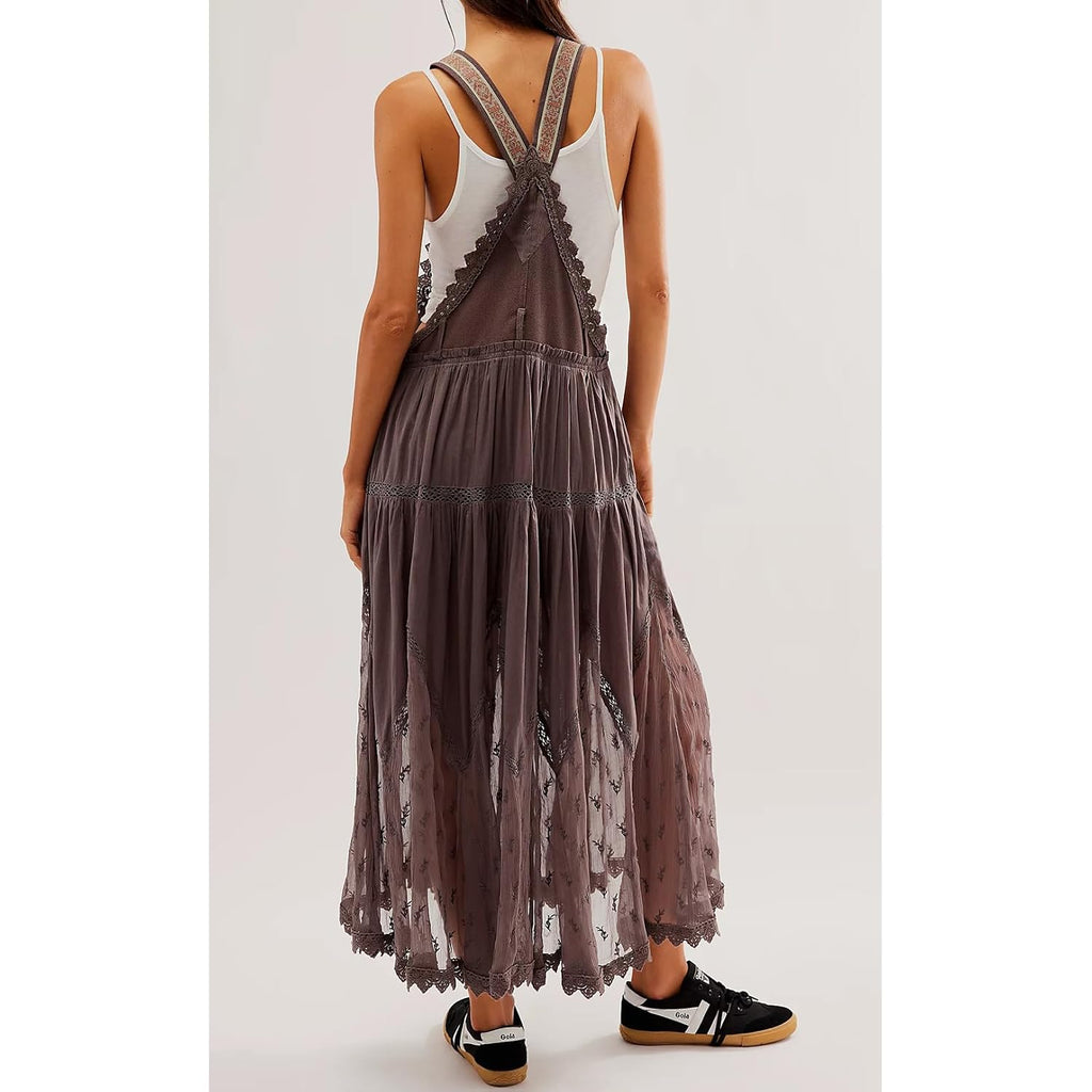 Women'S Casual Lace Embroidered Maxi Dress Adjustable Strap Pleated Tiered Swing Long Dress With Pockets