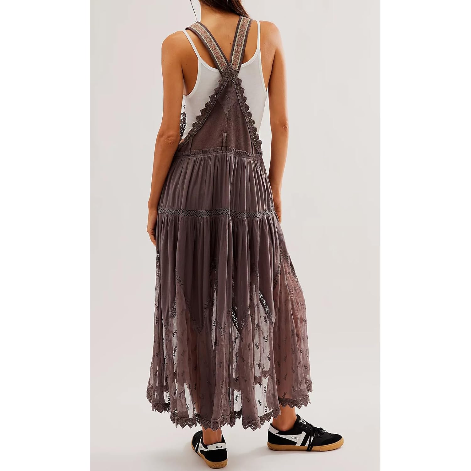 Women'S Casual Lace Embroidered Maxi Dress Adjustable Strap Pleated Tiered Swing Long Dress With Pockets