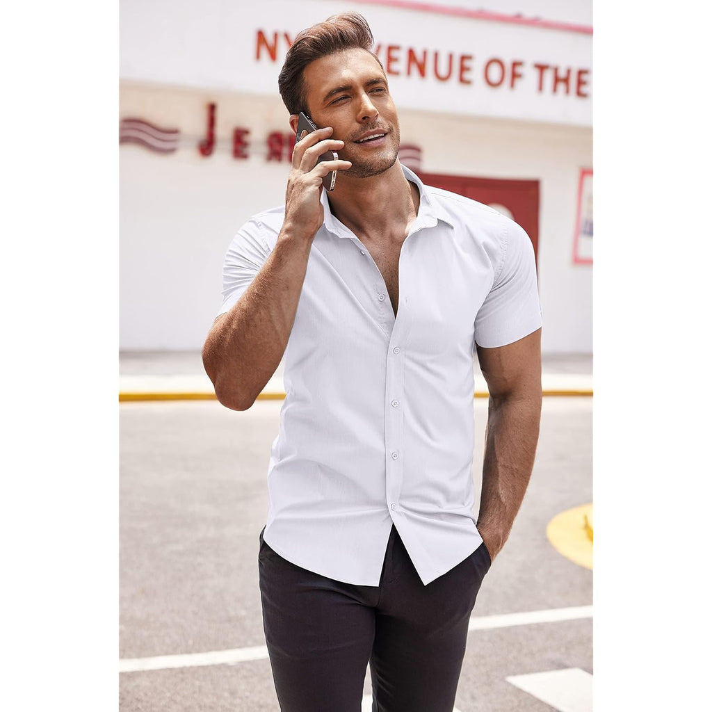 Coofandy Men'S Muscle Fit Dress Shirts Wrinkle-Free Short Sleeve Casual Button Down Shirt