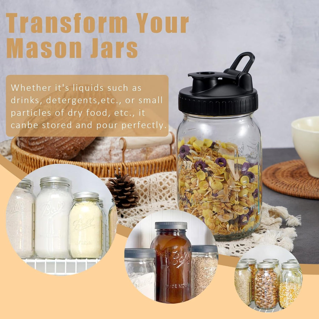 FyndraX Pour Spout Lids for Ball Wide Mouth Mason Jars, Airtight Canning Jar Flip Cap Top Lid for Drinking, Salad, Dressing Pouring, Leak-Proof, Pack of 4