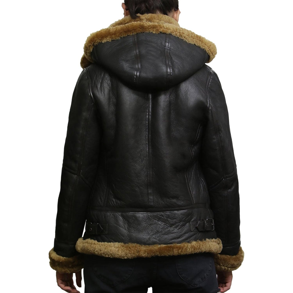 Brandslock Women'S Genuine Sheepskin Leather Flying Aviator Winter Jacket With Hood