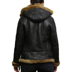 Brandslock Women'S Genuine Sheepskin Leather Flying Aviator Winter Jacket With Hood