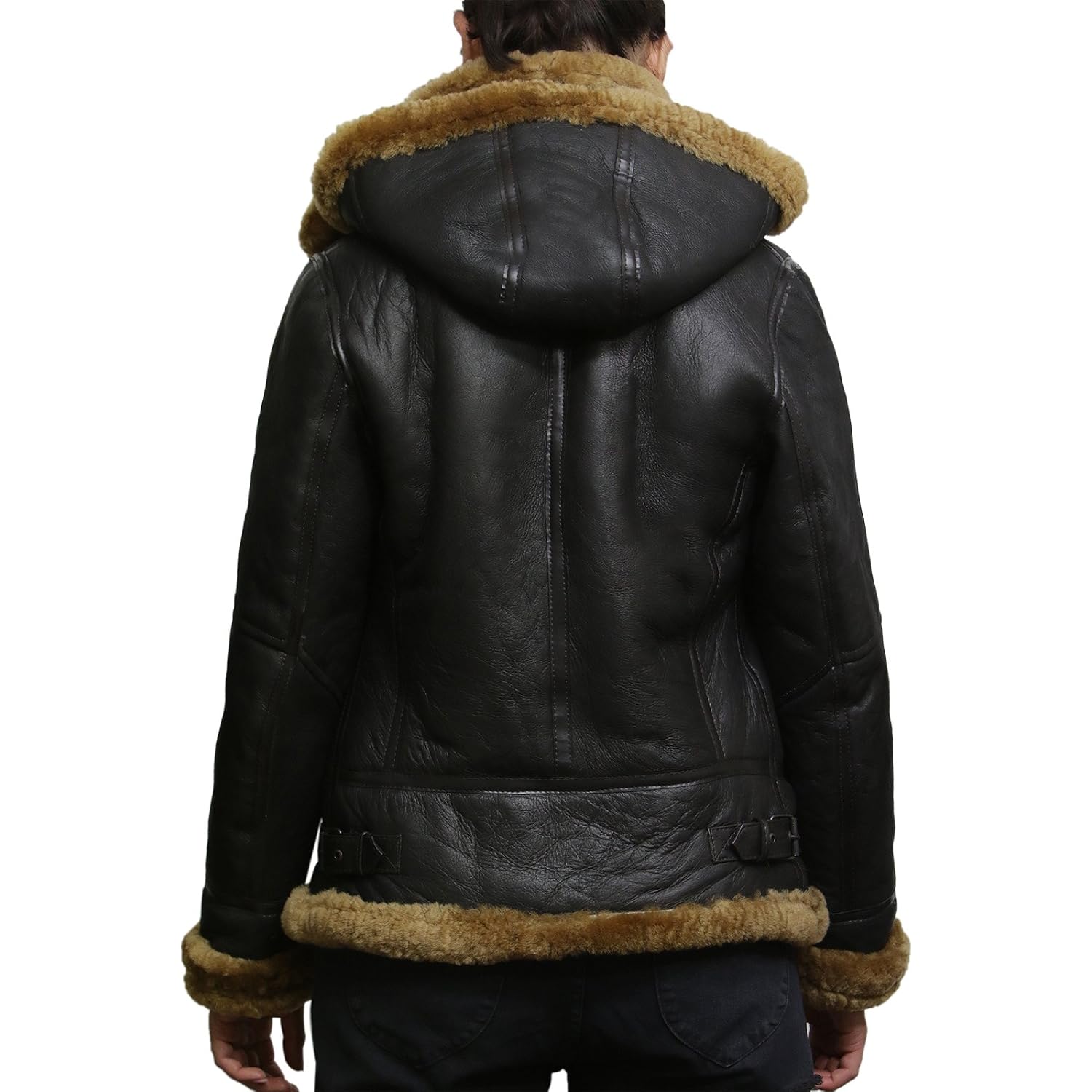 Brandslock Women'S Genuine Sheepskin Leather Flying Aviator Winter Jacket With Hood