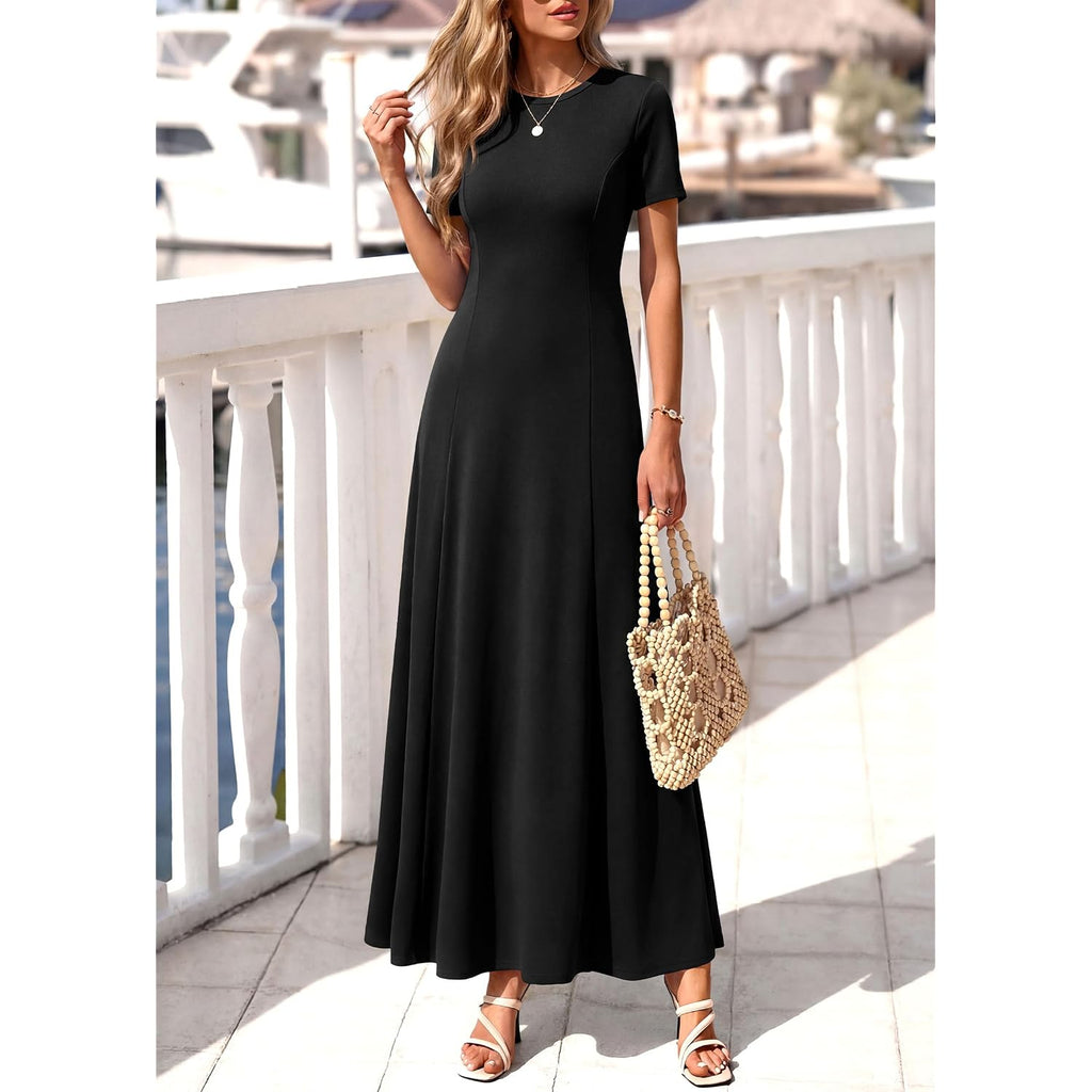 Kirundo Short Sleeve Formal Wedding Guest Dresses For Women, 2026 Summer Pleated Long Flowy Maxi Dress, Two Pockets, A Line