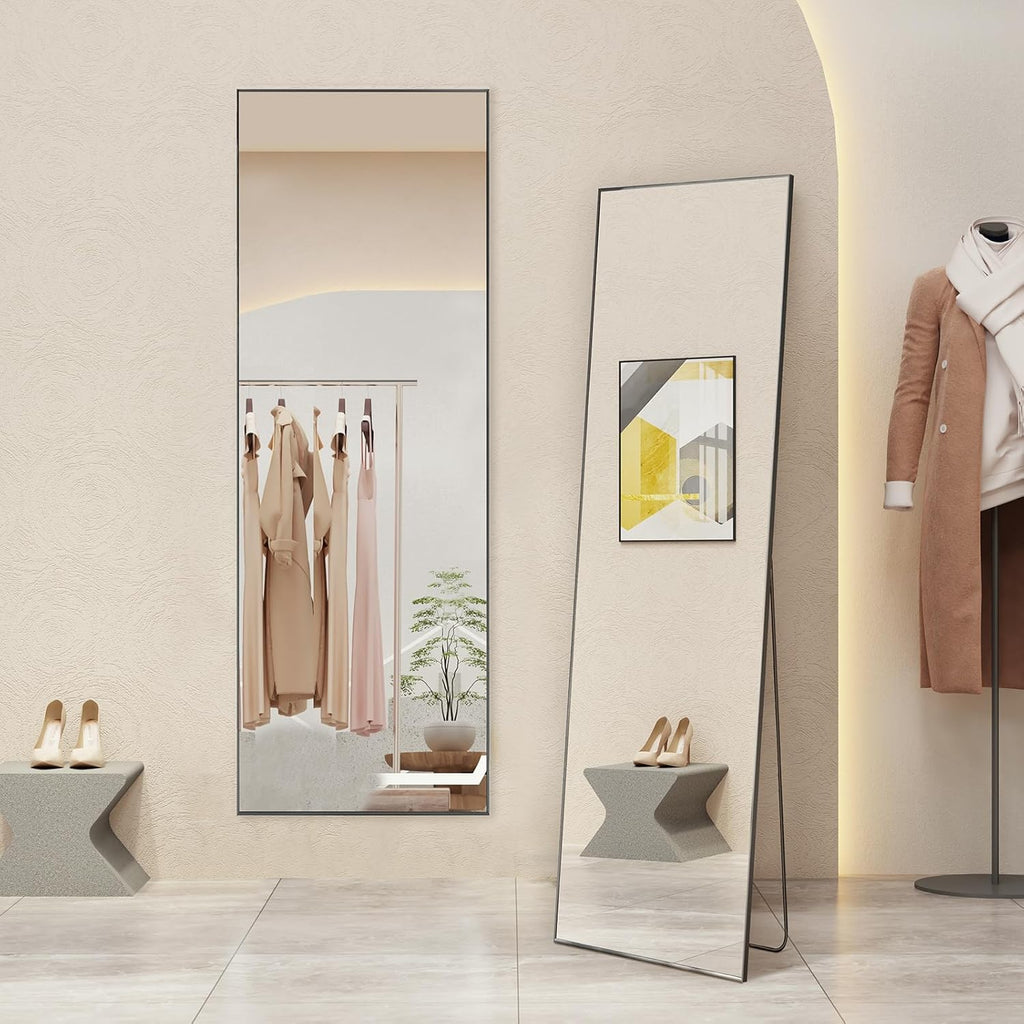 Mirror Full Length, Upgraded 16"x59" Body Wall Mirrors with Shatter-Proof Glass, Floor Standing, Hanging or Leaning, Tall Mirror with Stand Aluminum Alloy Frame for Bedroom, Black