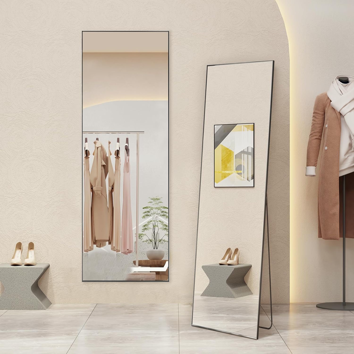 Mirror Full Length, Upgraded 16"x59" Body Wall Mirrors with Shatter-Proof Glass, Floor Standing, Hanging or Leaning, Tall Mirror with Stand Aluminum Alloy Frame for Bedroom, Black