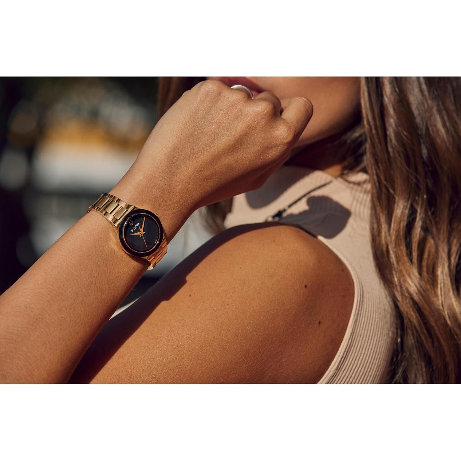 Bulova Ladies' Modern Millenia Gold Stainless Steel 2-Hand Quartz Watch, Blacl Dial Style: 97L175