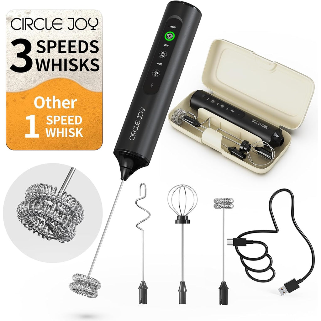 Circle Joy Rechargeable Handheld Milk Frother Wand With 3 Variable Speeds, 3 Whisks And Storage Box, Electric Drink Mixer For Latte, Cappuccino, Hot Chocolate, Eggs And Protein Powder, Black