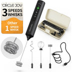 Circle Joy Rechargeable Handheld Milk Frother Wand With 3 Variable Speeds, 3 Whisks And Storage Box, Electric Drink Mixer For Latte, Cappuccino, Hot Chocolate, Eggs And Protein Powder, Black