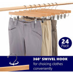 Amber Home 24 Pack Wooden Pants Hangers With Clips, 14" Natural Wood Skirt & Trouser Hangers, Closet Hangers For Jeans, Slacks, Shorts, With 2-Adjustable Clips (Natural, 24)