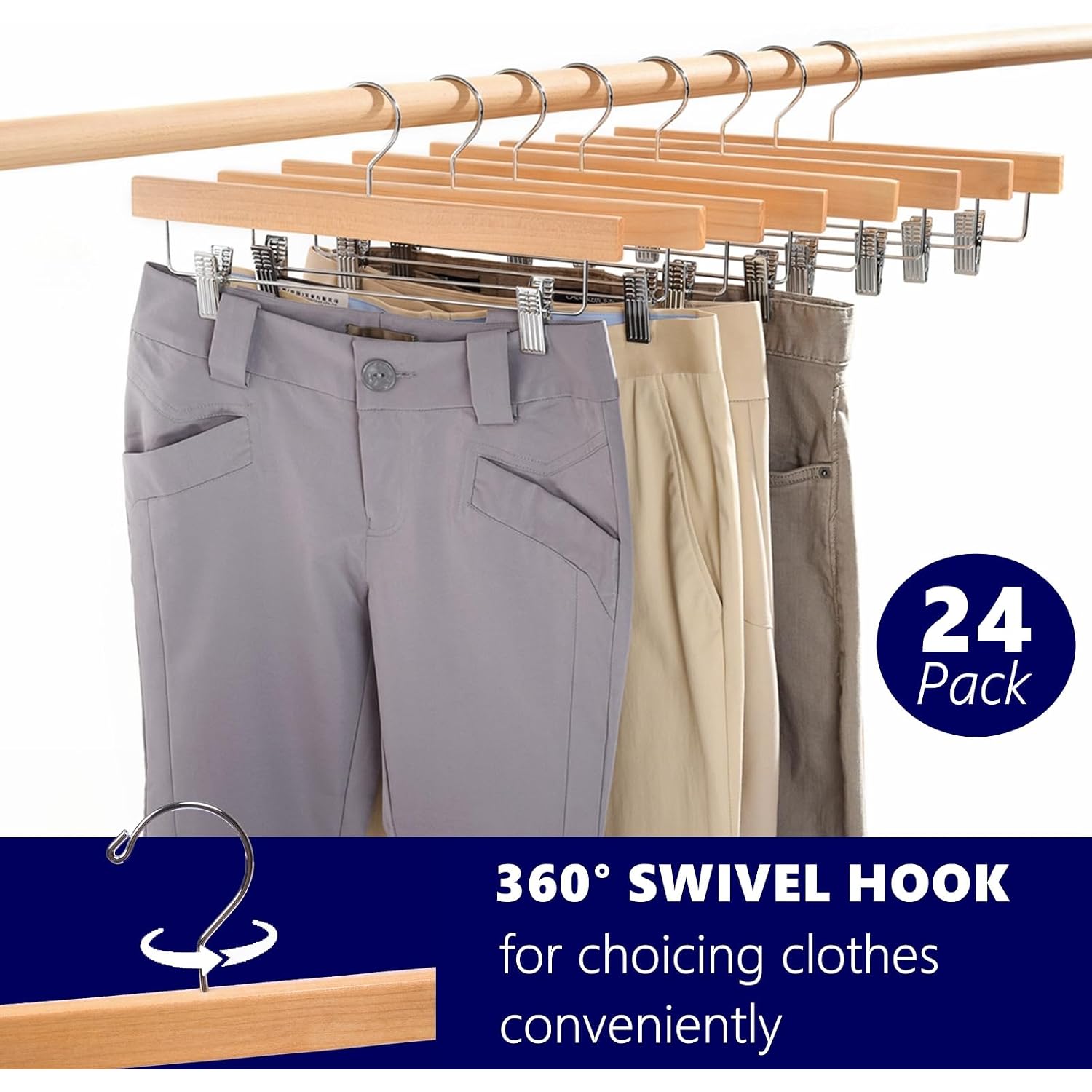 Amber Home 24 Pack Wooden Pants Hangers With Clips, 14" Natural Wood Skirt & Trouser Hangers, Closet Hangers For Jeans, Slacks, Shorts, With 2-Adjustable Clips (Natural, 24)