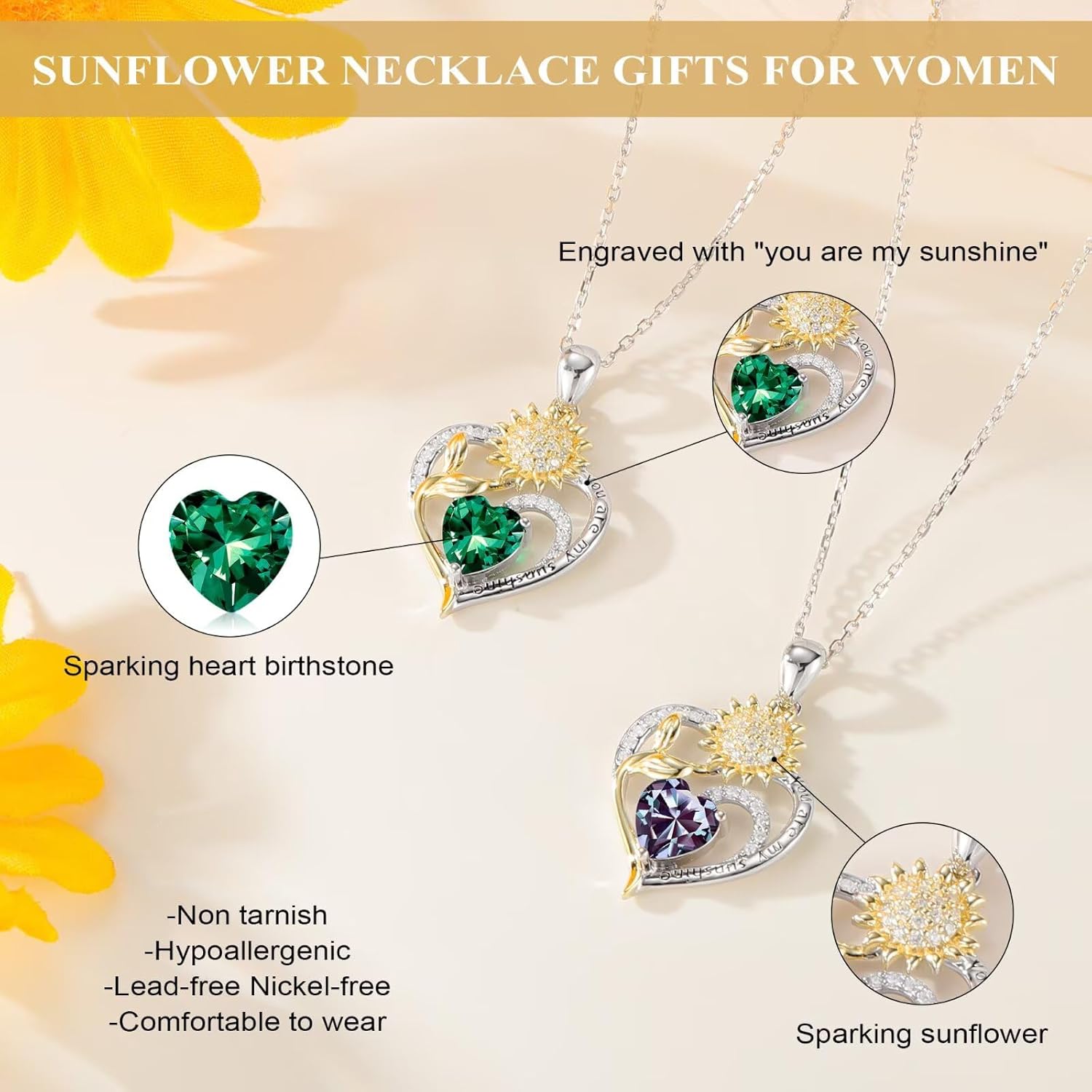 Iefil Mothers Day Gifts - 925 Sterling Silver Sunflower Necklace for Women, Birthstone Jewelry for Wife Mom, Birthday Mothers Day Gifts for Wife Mom Grandma