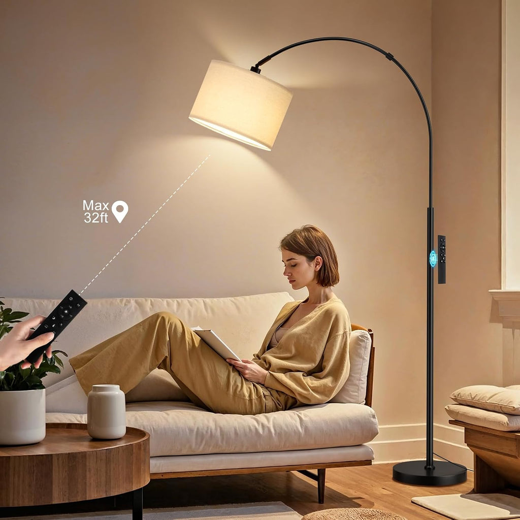 70" Dimmable Arc Floor Lamp With Remote, Color Temp Adjustable | Arched Floor Lamp With Rotating Head, Foot Switch And Remote, Over Couch Arched Light For Living Room, Deep Beige And Black