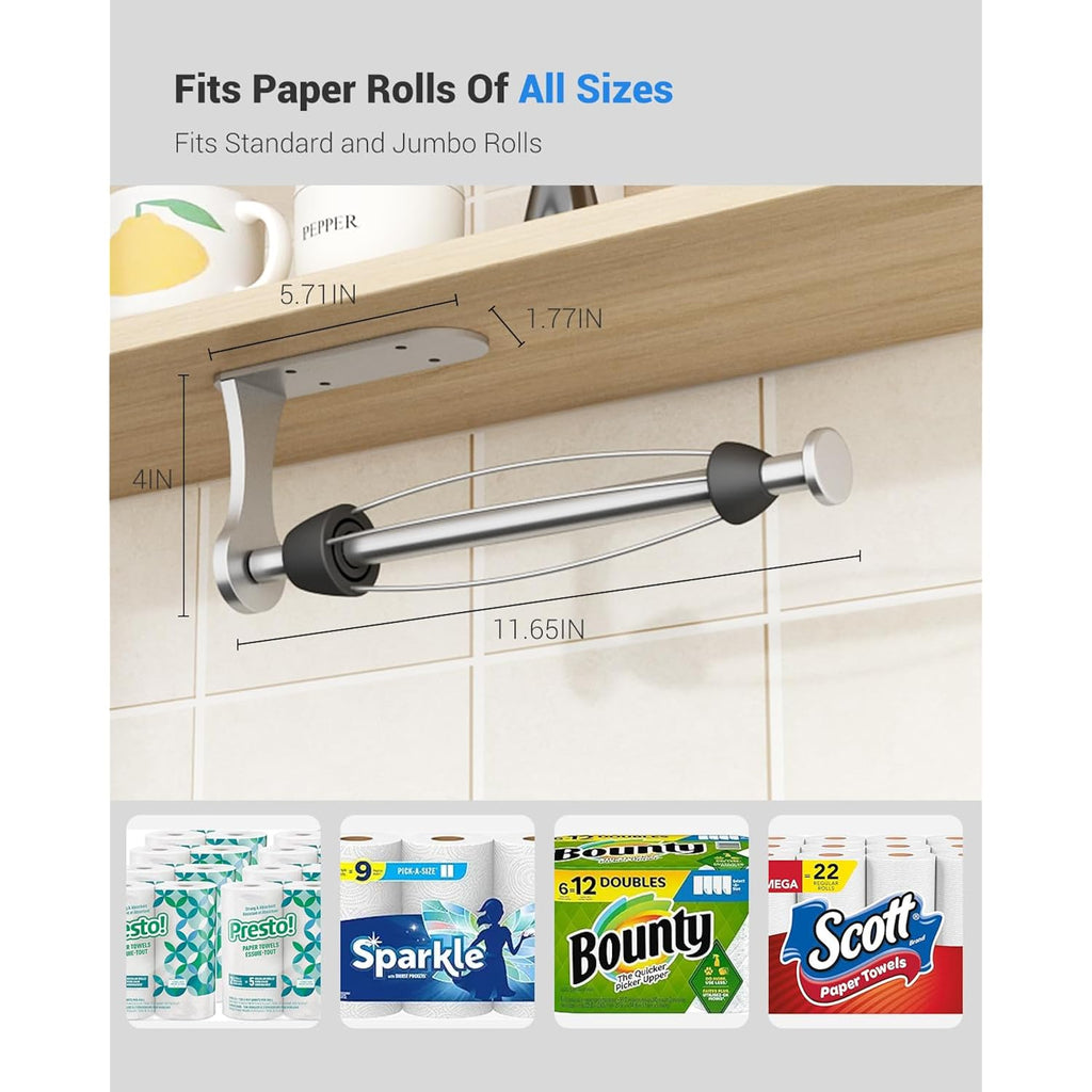 Paper Towel Holder Under Cabinet, One-Handed Tear, Wall Mount, Adhesive, Silver, Paper Roll Holder with Ratchet Mechanism for Kitchen Bathroom Farmhouse Essentials Decor Accessories