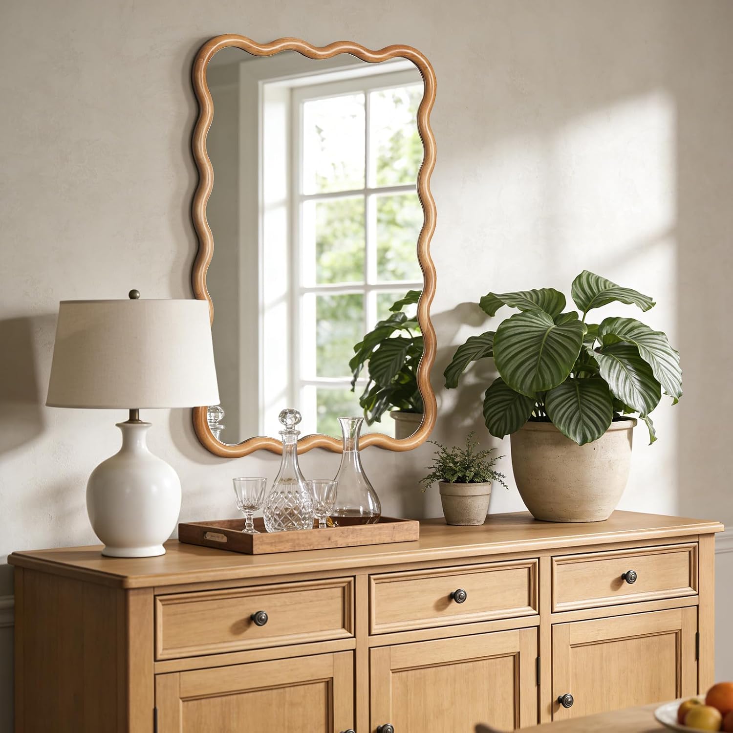 24"X36" Wavy Wood Mirror, Natural Wood Boho Accent Wall Mirror With Wooden Frame, Decorative Wall Mounted Mirror For Horizontal Or Vertical Hanging In Bathroom, Bedroom, Living Room