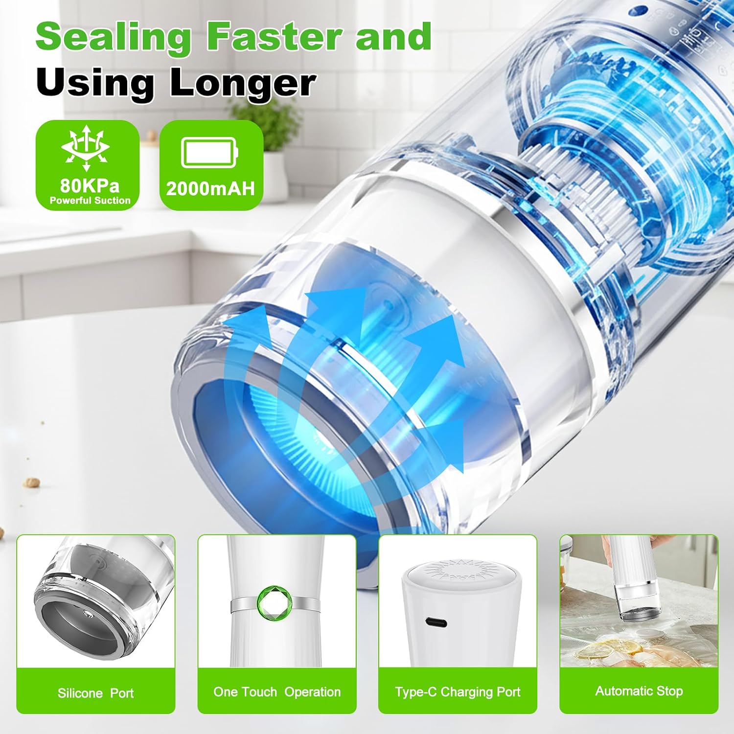 Vacuum Sealer For Food (Compact Vacuum Sealer Machine + 40 Reusable Vacuum Bags), Handheld Vacuum Food Saver For 10X Preservation & Fresh, Powerful 80Kpa Portable Vacuum Sealer