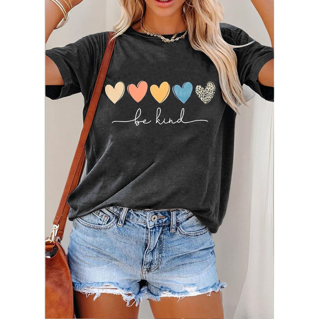 YEXIPO Womens Graphic Tees Short Sleeve Summer Tops Funny Letter Print Crew Neck Casual Loose Cute T Shirts Heart Kind-grey