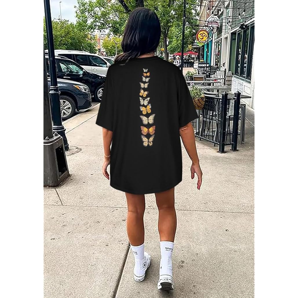 Womens Oversized Tshirt Graphic Tees Crew Neck Summer Short Sleeve Loose Fit Tops 2026 A-butterfly Print Black