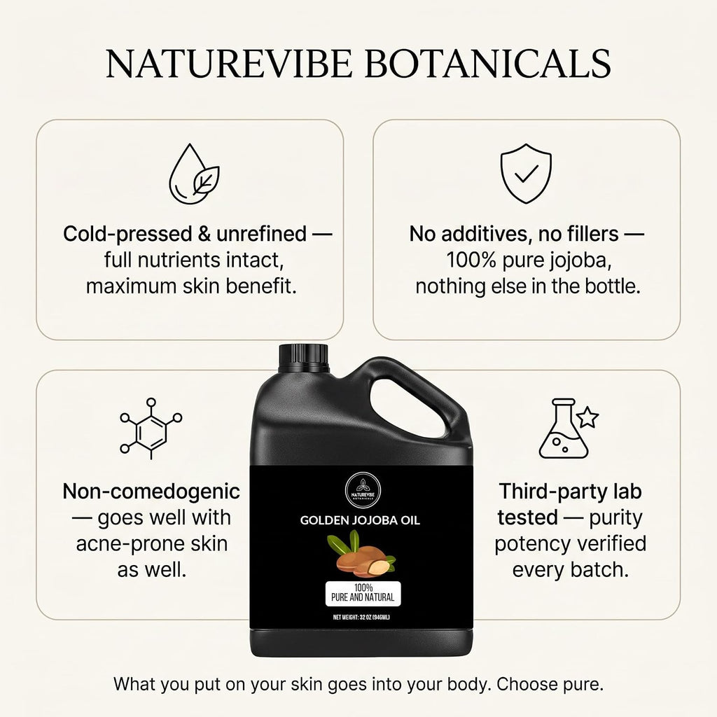 Naturevibe Botanicals Golden Jojoba Oil 32 Oz – 100% Pure, Cold-Pressed Moisturizer For Skin & Hair | Antioxidant-Rich, Non-Greasy, Carrier Oil & Daily Hydration