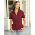 Womens Cotton Polo Shirts Short Sleeve V Neck Collared Tops Loose Fit Work Blouses Casual Summer Outfits 2026